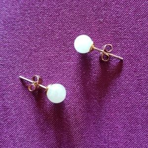 Natural Pale Green Jade Gemstone Spherical Stud Earrings/Gold Backings - EVC